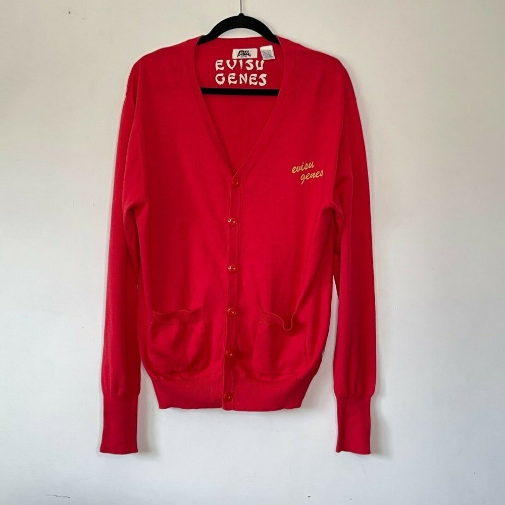 Evisu Jeans Men Xxl Red V-Neck Cardigan Sweater